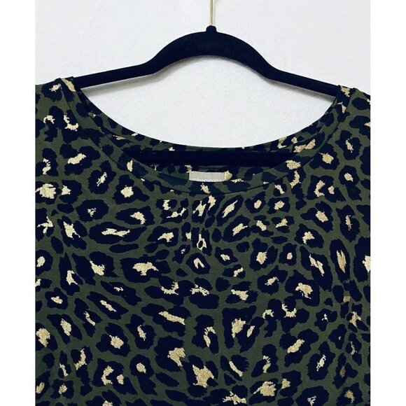 Chicos 2 Womens Large Olive Green Cheetah Print Top Cuffed Sleeve Gold Foil Boho - Picture 4 of 9